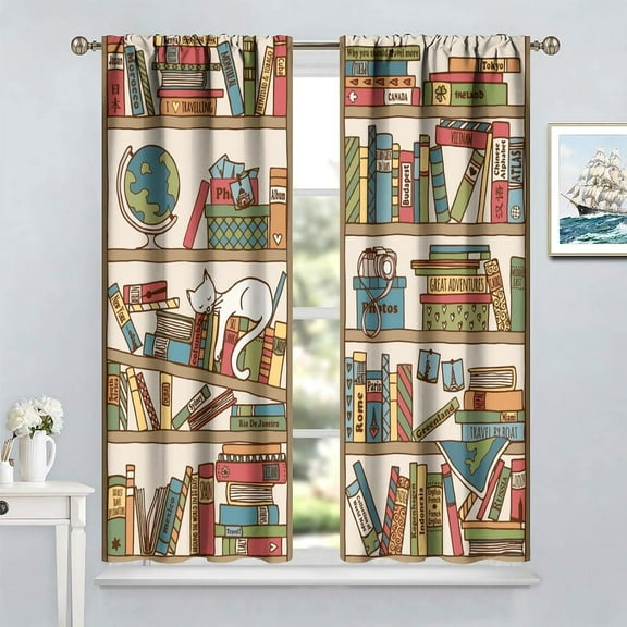 Bookshelf Cat Blackout Curtains, Boho Style Cartoon Fun Nerd Book Kitty Sleeping Over Bookshelf Library Prints Rod Pocket Window Treatments Drapes for Bedroom Living Room42x54in