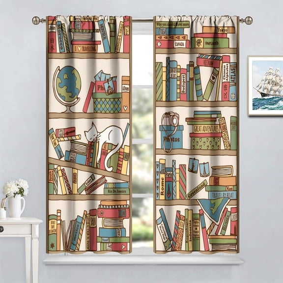 Bookshelf Cat Blackout Curtains, Boho Style Cartoon Fun Nerd Book Kitty Sleeping Over Bookshelf Library Prints Rod Pocket Window Treatments Drapes for Bedroom Living Room52x84in