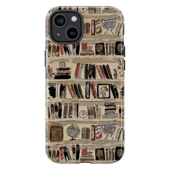 Bookshelf Collage Phone Case, Vintage Library Illustration iPhone Cover, Book Lover Artistic Protective Case for iPhone 16 15 14 13 12 11 Pro Plus Mini