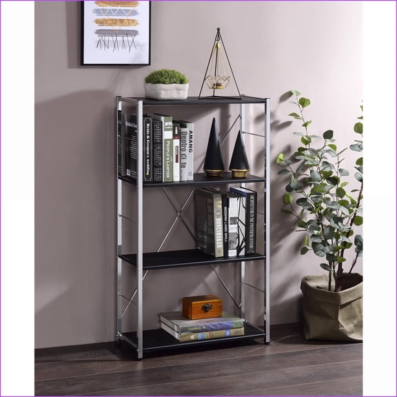Bookshelf, Contemporary 4-Tier Black & Chrome with X-Shape Cross Bar | Metal Frame | Synthetic Wood Shelves