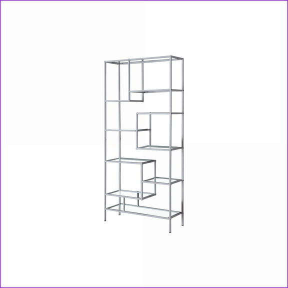 Bookshelf, Contemporary Modern Matte Silver Metal with 9 Clear Tempered Glass Shelves, 72"H | Matte Silver | Clear Tempered Glass