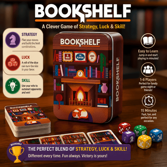 Bookshelf Cooperative Stacking Game, Collaborative Dexterity Card Game with Mini Book Meeples, Special Cat Piece, Travel Tin Storage, Strategy Balance Game for Gatherings, Game Nights, and Trips