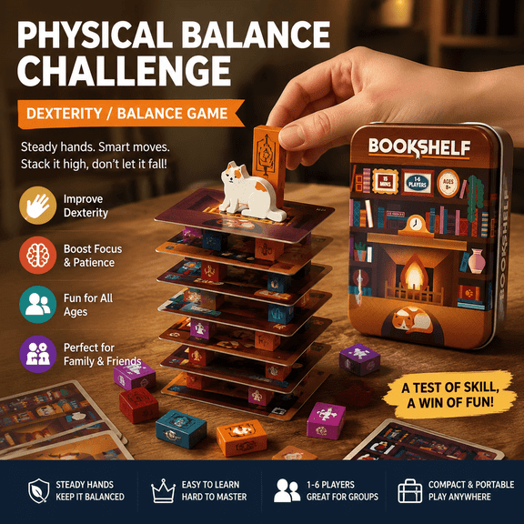 Bookshelf Cooperative Stacking Game, Skill and Balance Card Game with Book Tower Challenge, Wooden Book Meeples, Cat Piece, Travel Tin, Team Strategy Game for Parties and Game Nights