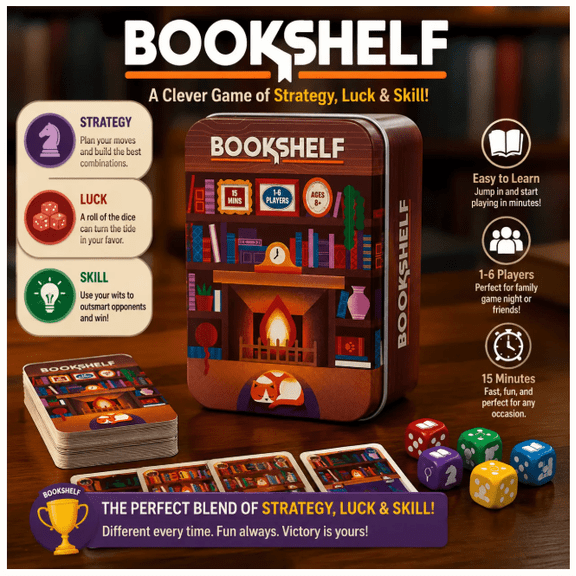 Bookshelf Cooperative Stacking Game, Skill and Balance Card Game with Book Tower Challenge, Wooden Book Meeples, Cat Piece, Travel Tin, Team Strategy Game for Parties and Game Nights