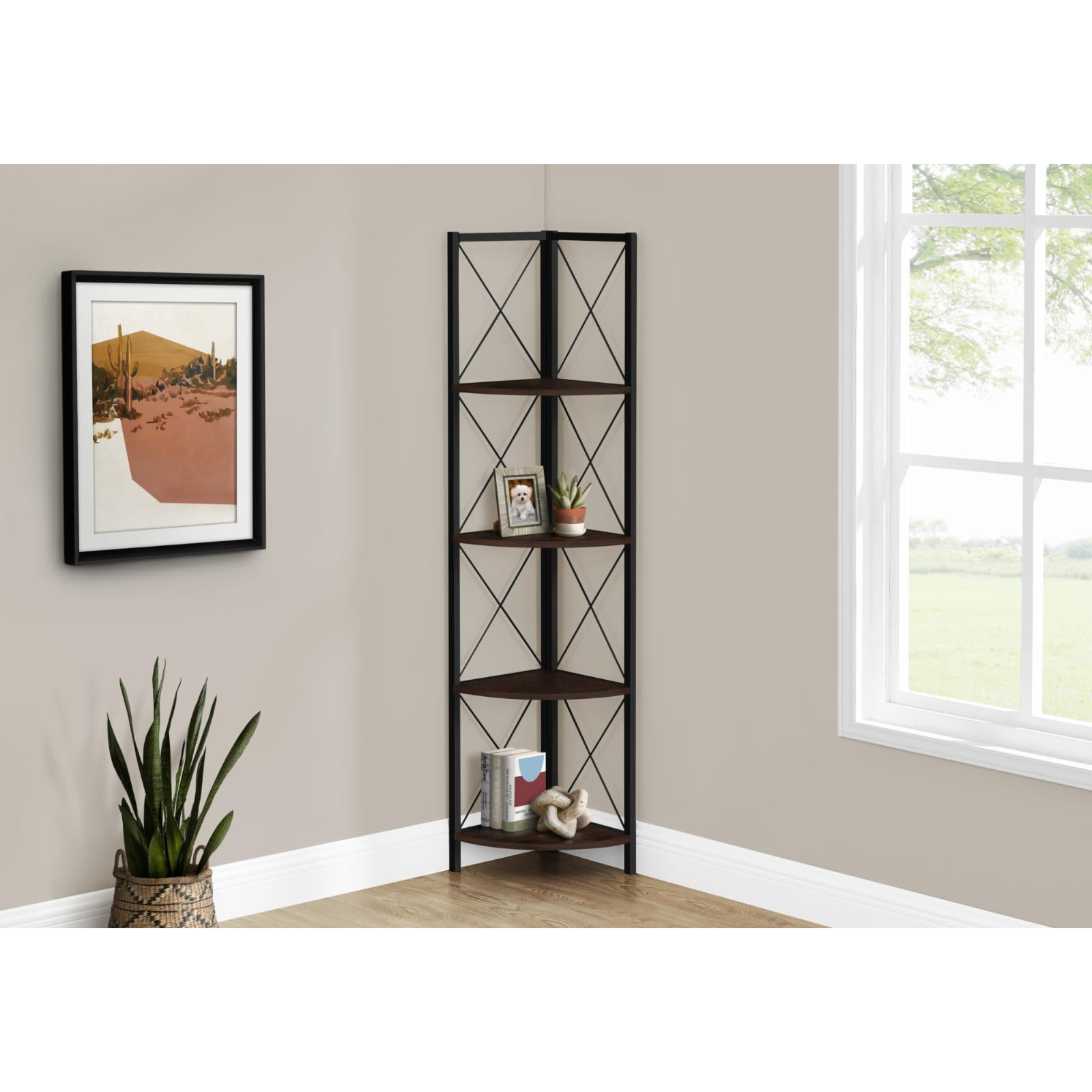 Black Metal and White Marble Corner 4-Tier Bookcase