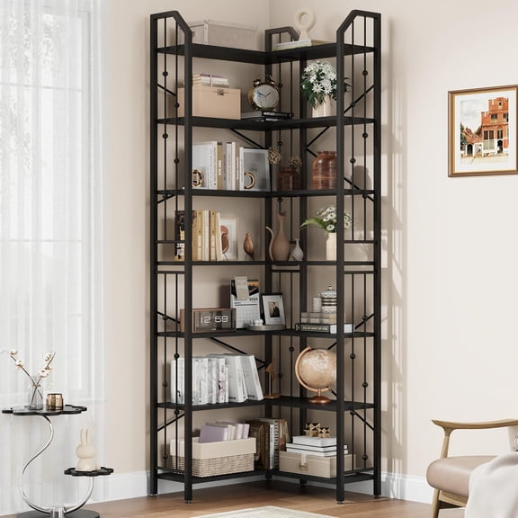 Bookshelf Corner Bookcase, L Shaped Bookshelf Industrial Corner Bookshelves, Large Bookcase with Metal Frame, Corner Shelf Arch Display Rack for Living Room Bedroom