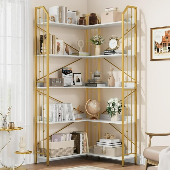 Bookshelf Corner Bookcase, L Shaped Bookshelf Industrial Corner Bookshelves, Large Bookcase with Metal Frame, Corner Shelf Arch Display Rack for Living Room Bedroom