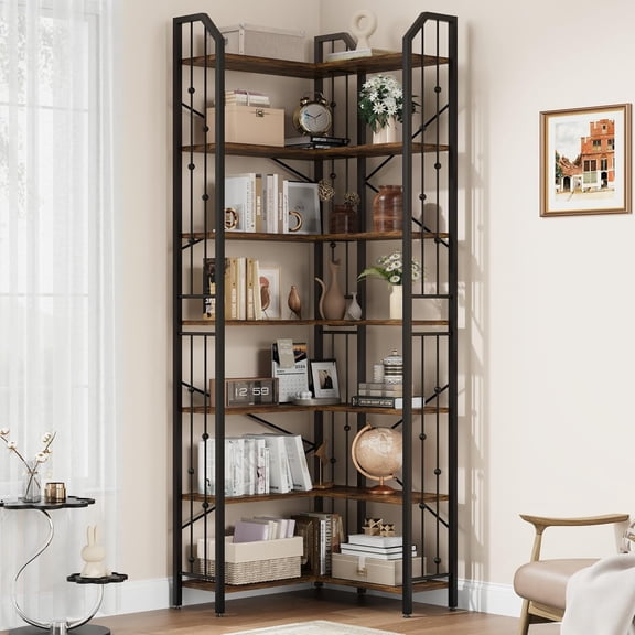 Bookshelf Corner Bookcase, L Shaped Bookshelf Industrial Corner Bookshelves, Large Bookcase with Metal Frame, Corner Shelf Arch Display Rack for Living Room Bedroom