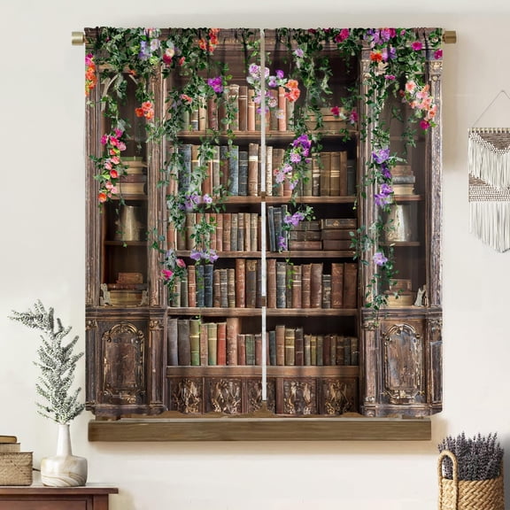 Bookshelf Curtains,Rustic Vintage Old Books Library Wooden Bookshelf Draped Plants Flowers Print Blackout Rod Pocket Window Treatments Drapes for Bedroom Living Room Kitchen 84" W X 84" L