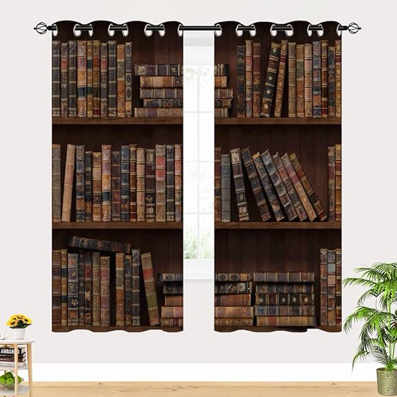 Bookshelf Curtains - Rustic Wood Study Old Book Vintage Retro Print Design Pattern Home Decor Grommet Window Drapes for Living Room Bedroom Study Office Cafe 53"W x 63"L (Pack of 2)