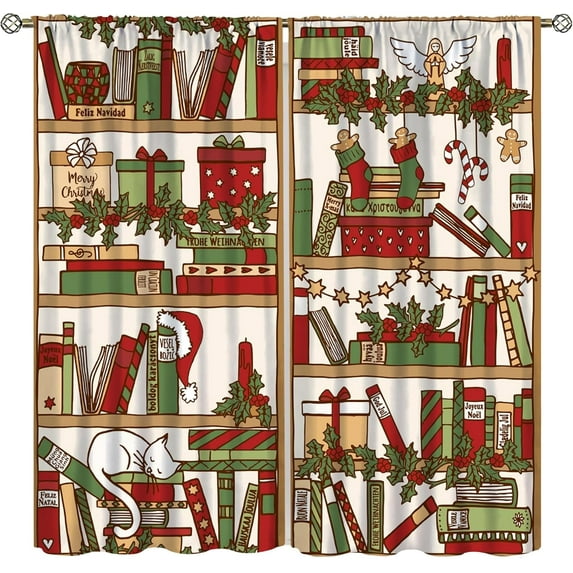 Bookshelf Curtains, Vintage Library with Books Window Treatments for Kids Bedroom, Wooden Wooden Antique Bookcase Drapes 2 Panel Sets,42x54 Inch, Style-6