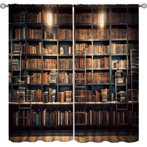 Bookshelf Curtains, Vintage Library with Books Window Treatments for Kids Bedroom, Wooden Wooden Antique Bookcase Drapes 2 Panel Sets,52x84 Inch