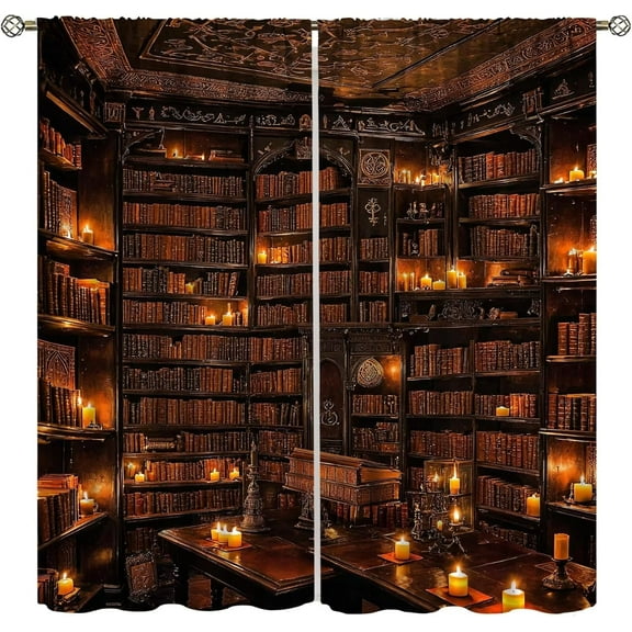 Bookshelf Curtains Vintage Library with Books Window Treatments for Kids Bedroom Wooden Wooden Antique Bookcase Drapes Sets 84x84 Inch