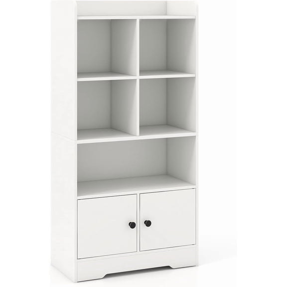 Bookshelf with Doors, 47.5’’ Vertical Bookcase with Open Storage Shelves, Wood Bookshelves and Bookcases, Small Book Shelf for Bedroom,  Rooms, Living Room, Home Office (White, 47.5''H)