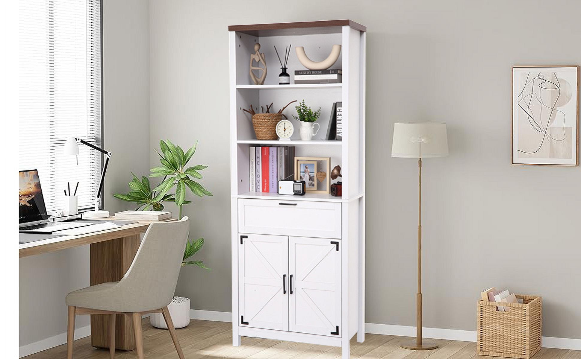 Bookshelf with Doors, 6Tire Farmhouse Storage Bookcase Floor