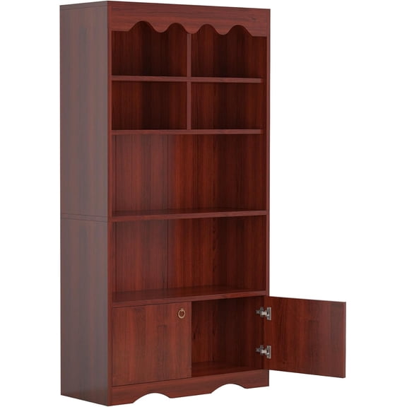 Bookshelf with Doors - 63" Height Free Standing Tall Bookcase 5-Tier Storage Cabinet Organizer for Library, Bedroom, Living Room, Home Office in Walnut