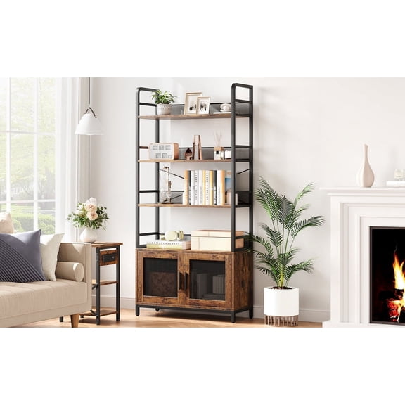 Bookshelf with Doors Farmhouse Bookcase Metal Frame Rustic Industrial Bookshelves Tall Display Racks Rustic Bookshelf for Bedroom, Living Room, Home Office