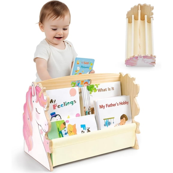 Bookshelf Double-Sided with 4 Tier Deep Sleeves  Wooden Montessori Book Rack for   Room, Playroom, Classroom or Bedroom Bookcase Storage Organizer,  Unicorn