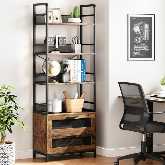 Bookshelf with Drawers Industrial Bookcase with 4 Tiers Open Storage Shelves Rustic Bookshelves 70.87" Tall Display Racks Farmhouse Bookshelf for Bedroom, Living Room, Home Office