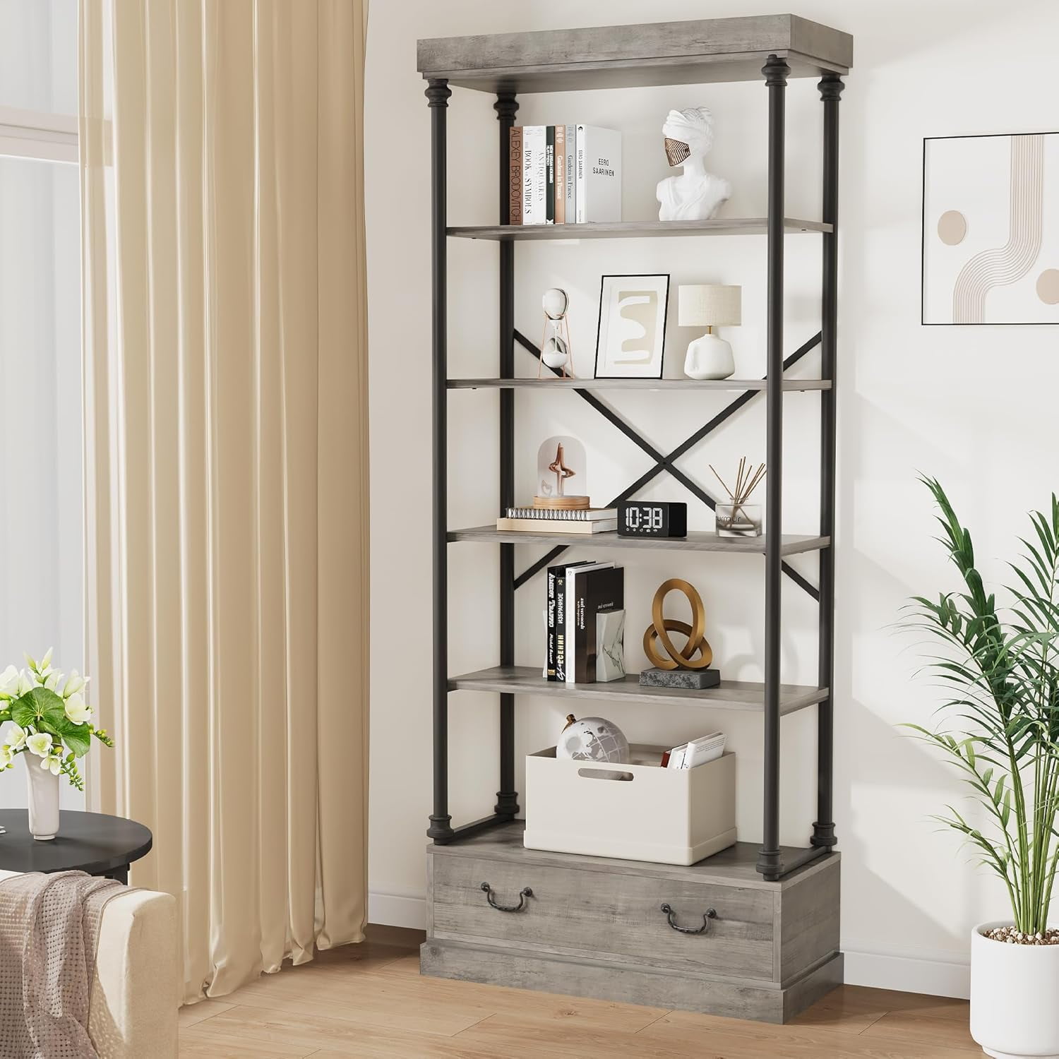 Gray Industrial Corner Bookshelf with Drawers and Metal Frame