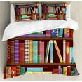 thumbnail image 1 of Bookshelf Duvet Cover Set King Size, Digital Drawing Graphic of Home Library with Books About Different Subjects Image, 3 Piece Bedding Set with 2 Pillow Shams, Multicolor, by Ambesonne, 1 of 3
