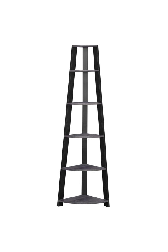 Bookshelf, Bookcase, Etagere, Corner, 5 Tier, 72"H, Office, Bedroom, Laminate, Grey, Black, Contemporary, Modern