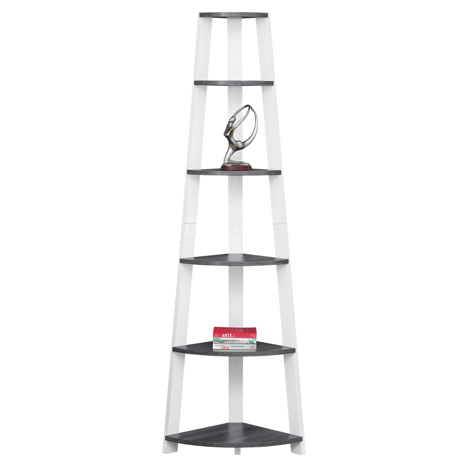 Transitional Chic White & Gray Corner Bookcase with 5 Shelves