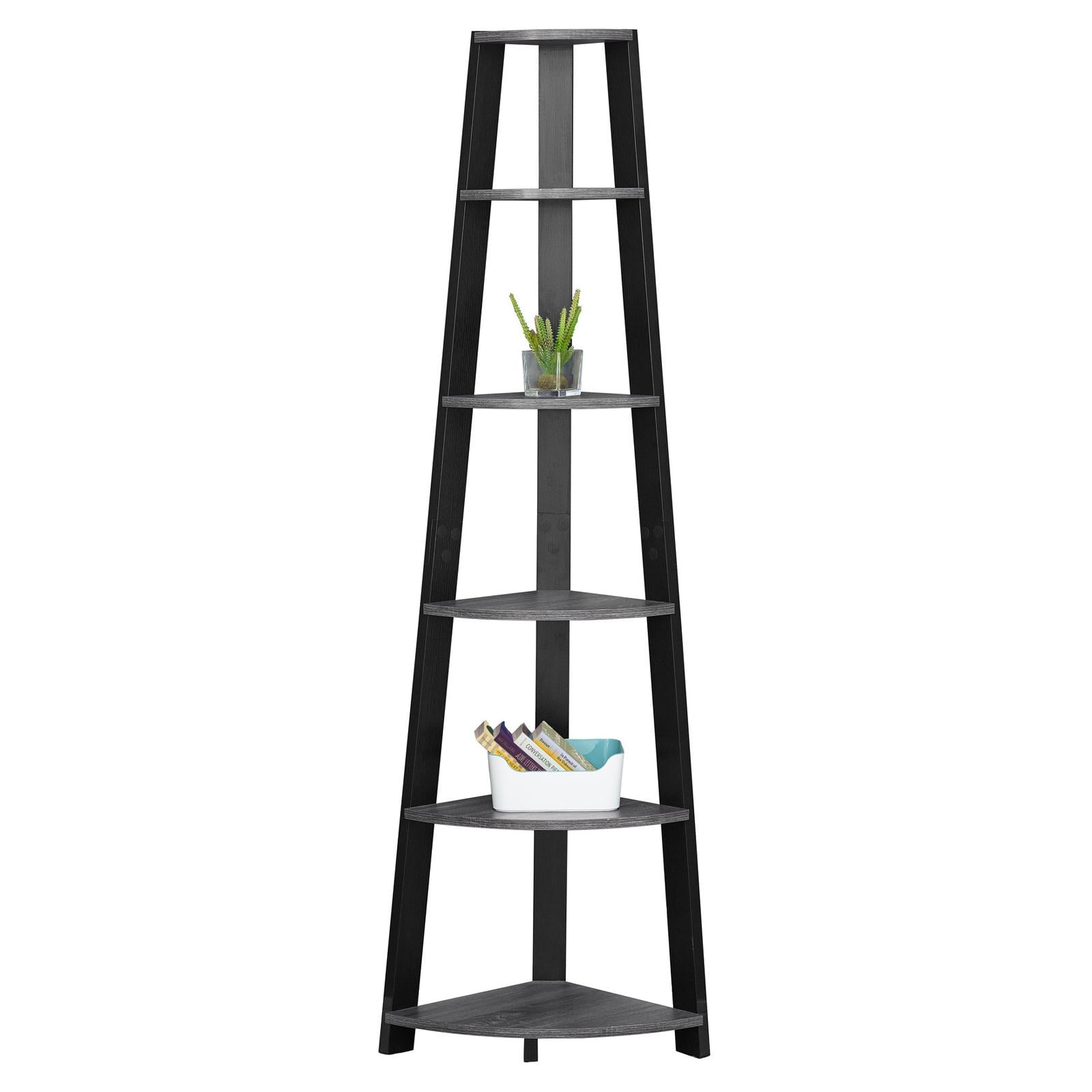 Black and Gray 71" Wood Corner Etagere with 5 Shelves