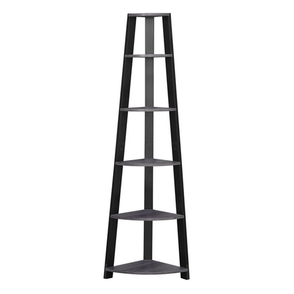 Black and Gray 71" Wood Corner Etagere with 5 Shelves