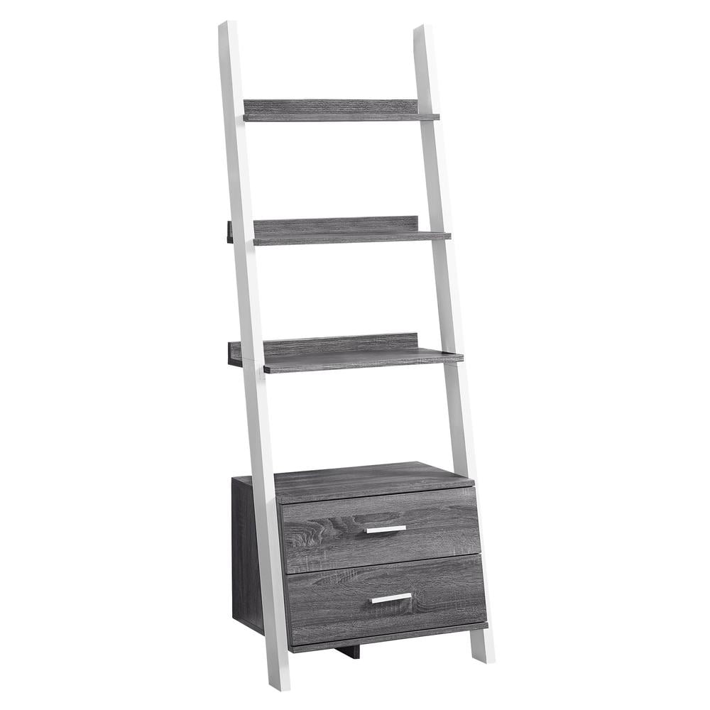 Transitional Grey-White Wooden Ladder Bookcase with Storage Drawers