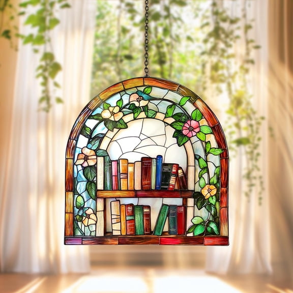 Bookshelf Floral Acrylic Suncatcher Window Hanging Decoration, Book Lover Home Decor, Arched Window Ornament for Reading Nook