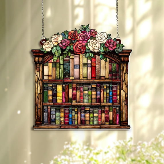 Bookshelf Flowers Acrylic Suncatcher, Books Lover Window Hanging, Reading Books, Librarian Decor, Bookworm Gift