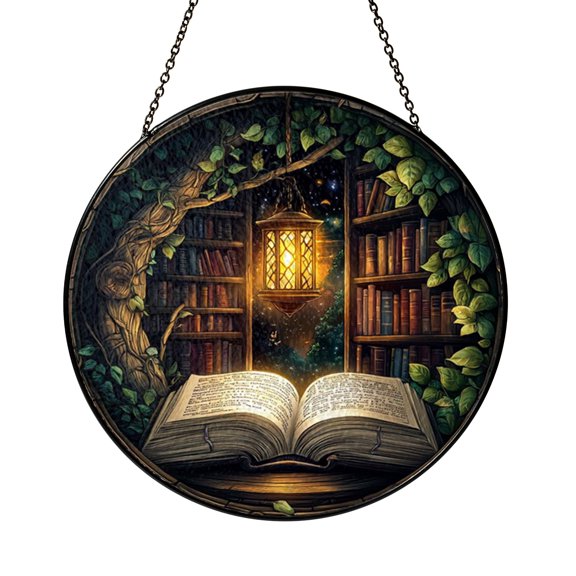Bookshelf Forest Illustration Window Hanging – Faux Stained Glass