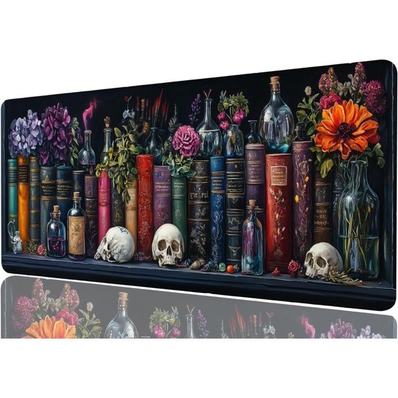 Bookshelf Gaming  Pad Magical Book Goth Skull  Mousepad Large Gaming  Pad Laptop Keyboard Mat Non-Slip Rubber Base Keyboard Desk Pad for  Office Study  31.5"x11.8"