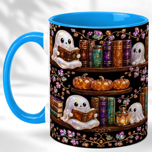 Bookshelf Ghost Coffee Mug, Cozy Library Mug, Ceramic 11 oz