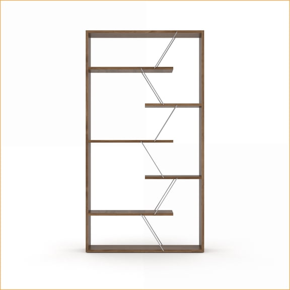 Bookshelf | Industrial 6-Shelf Open Back Bookcase | Walnut Brown/Chrome Silver Wood Frame | Office/Living Room