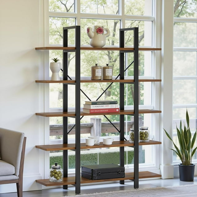 Bookshelf Industrial 70" Freestanding 5-Tier Tall Bookshelf Metal Frame Display Shelf with Thickened Particle Board for Bedroom, Home Office and Living Room, Rustic Brown