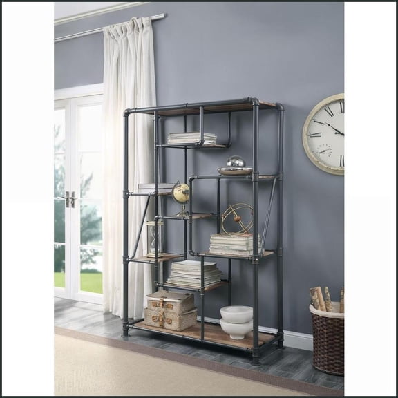 Bookshelf, Industrial 8-Tier with Antique Oak & Sandy Gray Finish | Metal | Synthetic Wood