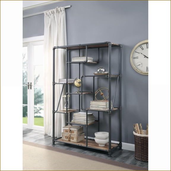 Bookshelf, Industrial Antique Oak & Light Gray Finish | 8-Tier Storage | Oak, Metal