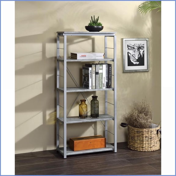 Bookshelf, Industrial Etagere with 4 Open Compartments | Silver Metal Frame | Faux Concrete Shelves