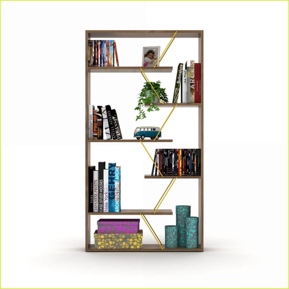 Bookshelf, Industrial Open Back with 6 Shelves, Wood Frame | Walnut Brown | Mustard Yellow