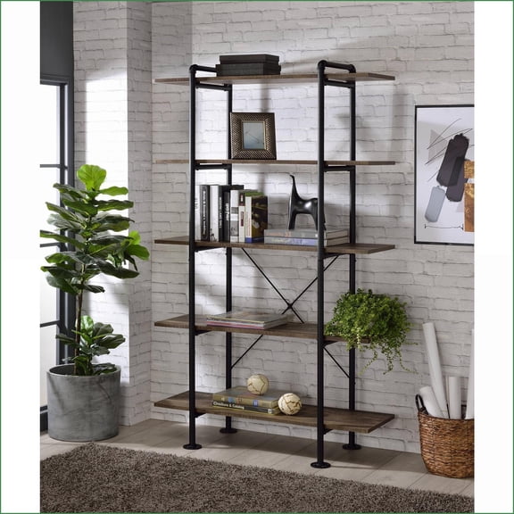 Bookshelf, Industrial Rustic 5-Tier Open with Rustic Oak Finish & Black Metal Base | Oak | Metal