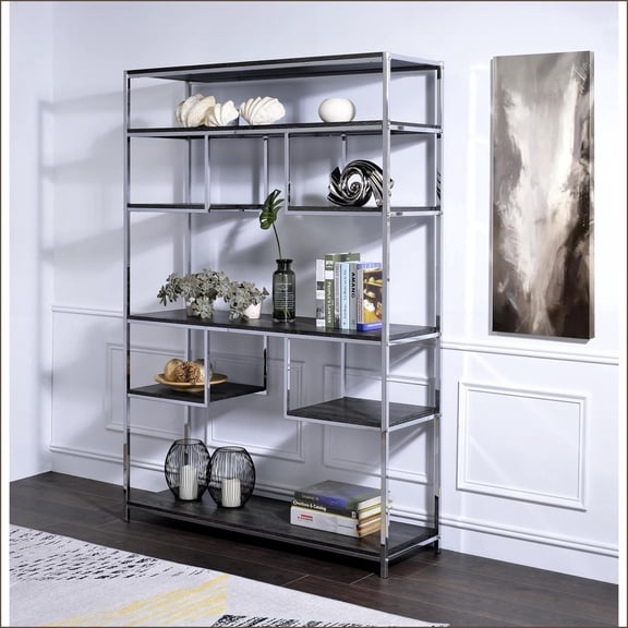 Bookshelf, Rustic Industrial Gray Oak with Chrome Frame & 7 Open Shelves | Gray | Chrome