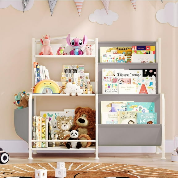 Bookshelf for Kids, 3 Tier Toddler Bookshelf with Toy Storage Organizer, Nursery Book Shelves, Kids Book Shelf Bookcase for Kid Rooms Playroom, White/Grey