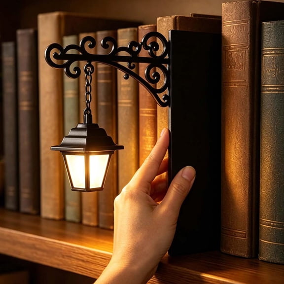 Bookshelf Lantern,Bookshelf Lantern,Vintage Book Light No Drill,Library Lantern-Decorative Bookshelf Lighting - Reading Bookshelf Lamp(Black 8IN)