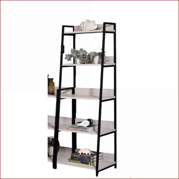 Bookshelf Leaning Ladder, 5 Open Compartments Natural Wood Black Metal | Black,Natural | Metal,Synthetic Wood