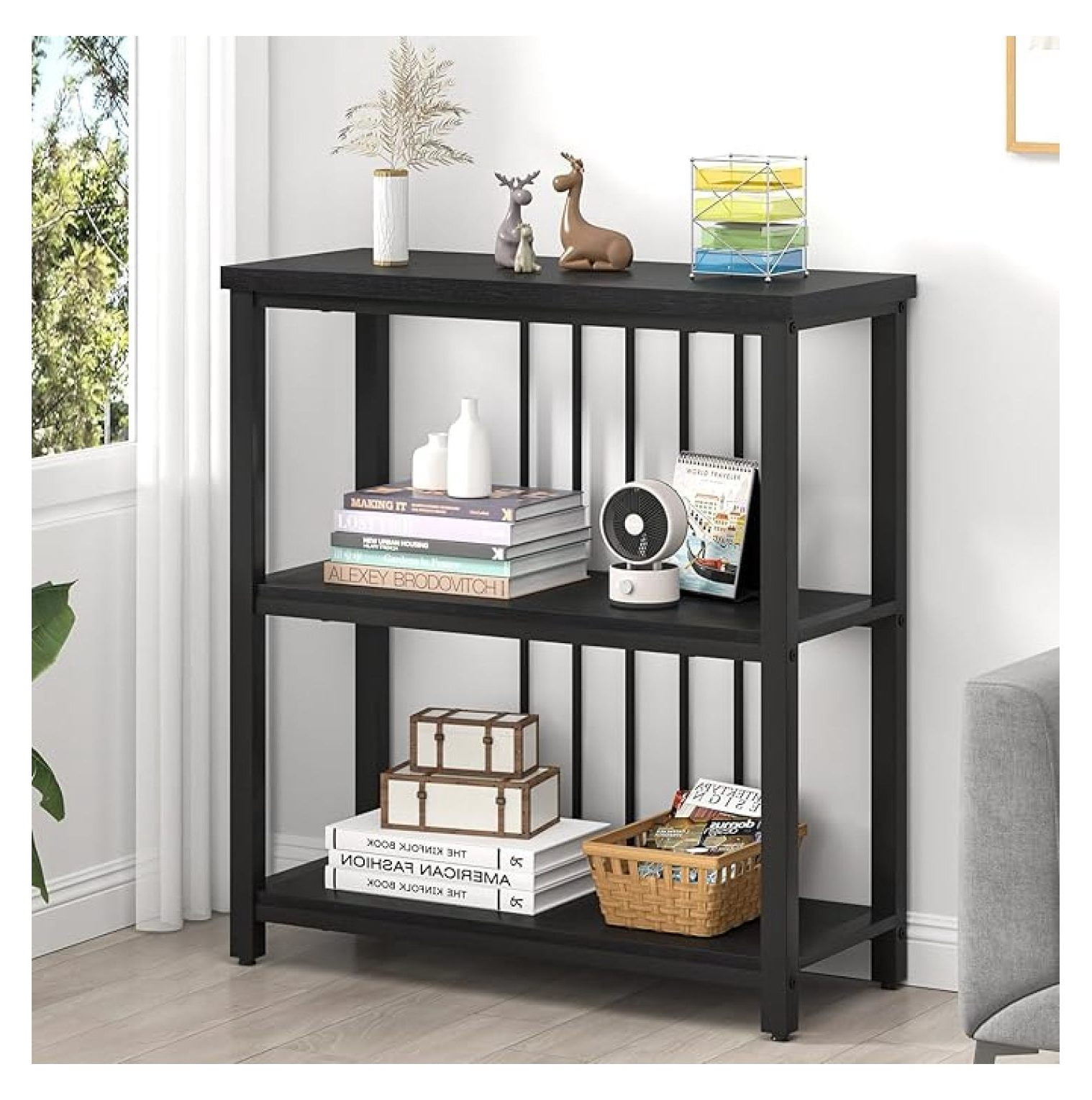 Bookshelf, Modern 3 Tier Bookcase, Wood & Metal Shelves - Rustic Black ...