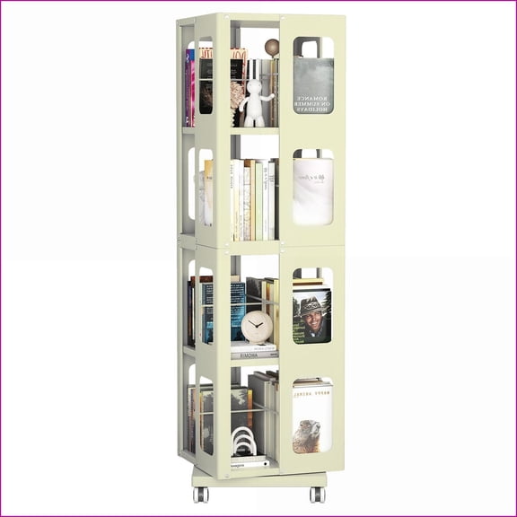 Bookshelf, Modern 4-Tier All-Steel Rotating Rack with 360° Wheels, Large Capacity Space-Saving Design, Easy Assembly | Lemon Yellow | Steel