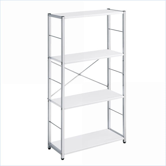 Bookshelf, Modern 4-Tier White & Chrome Silver | Wood+Metal | Open Back