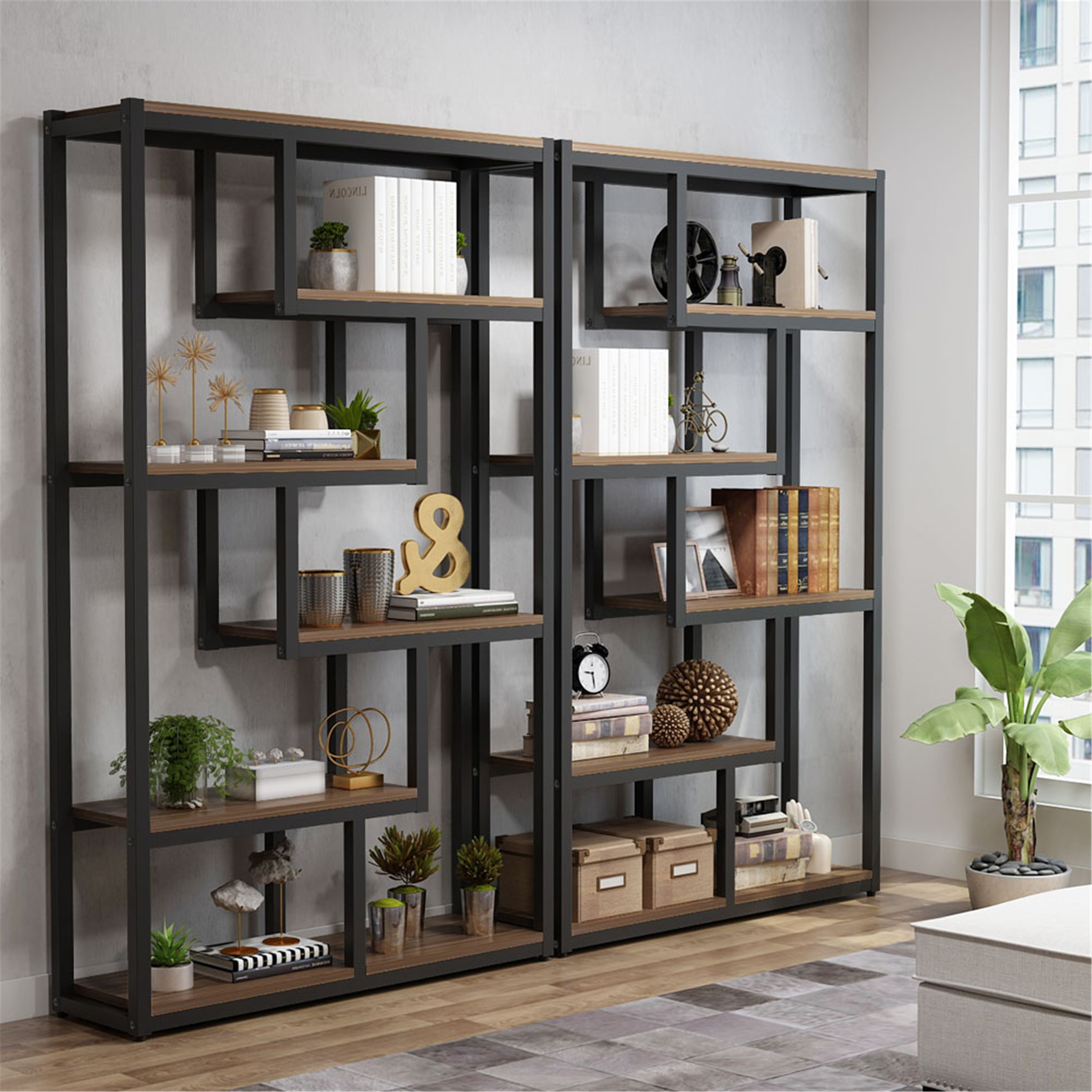 Black and Brown 6-Tier Modern Etagere Bookcase with MDF Shelves